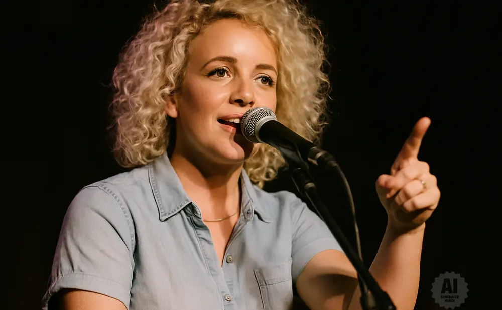 Woman with curly blonde hair, wearing a blue denim shirt, speaking into a microphone and pointing her finger.
