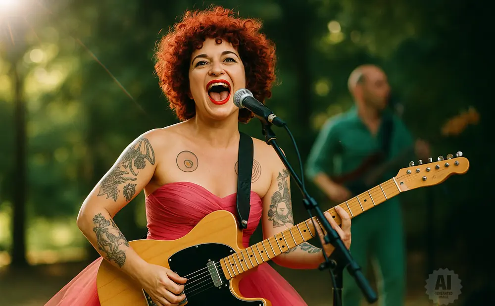 Woman with curly red hair and tattoos sings into a microphone while playing a guitar outdoors.