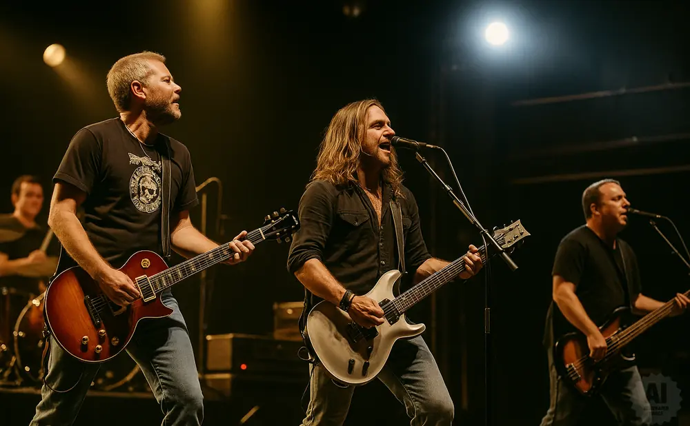 Three men play instruments on a stage at night, bathed in stage lights.