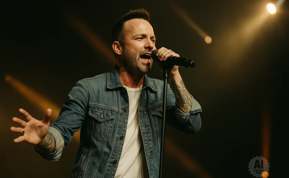 A man in a denim jacket sings into a microphone with his hand outstretched.