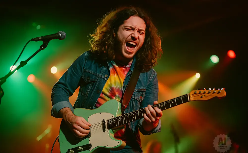 A male guitarist with long, curly hair wearing a denim jacket and tie-dye shirt plays a teal electric guitar on stage.