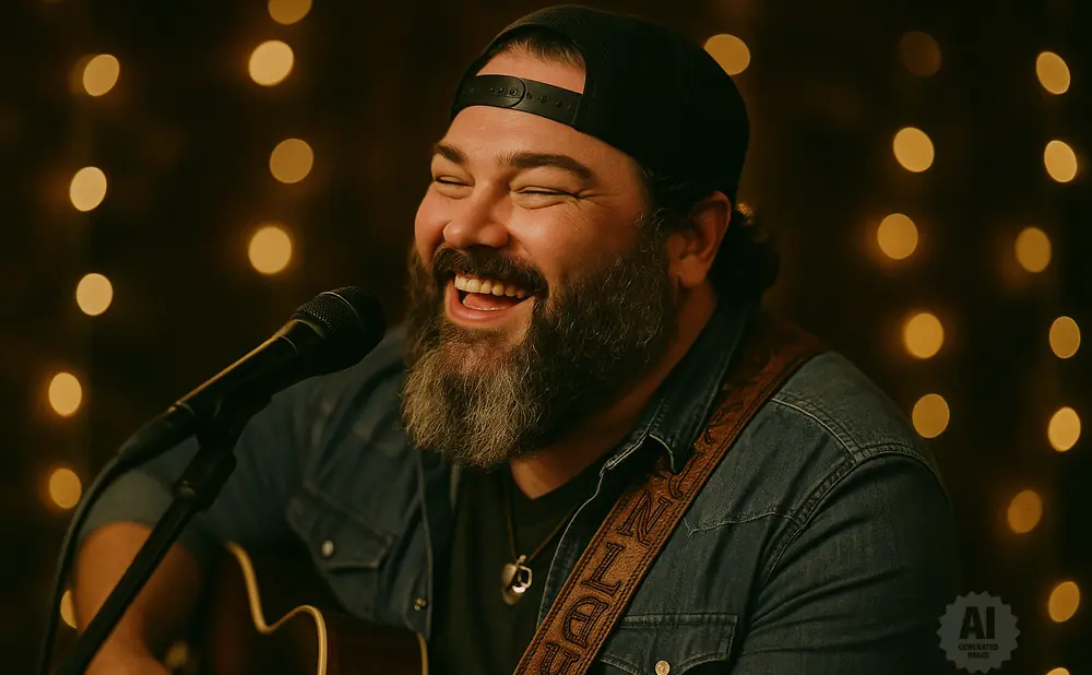 A man with a beard laughs while playing guitar and singing into a microphone, with warm bokeh lights in the background.