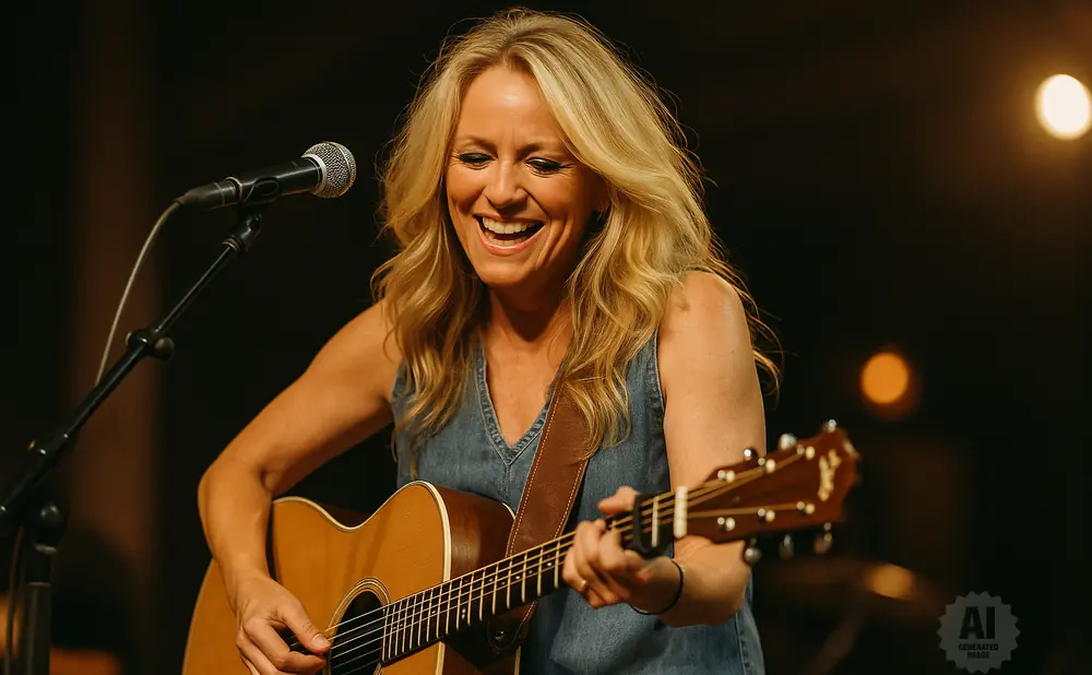 A blonde woman smiles while playing an acoustic guitar at a concert.