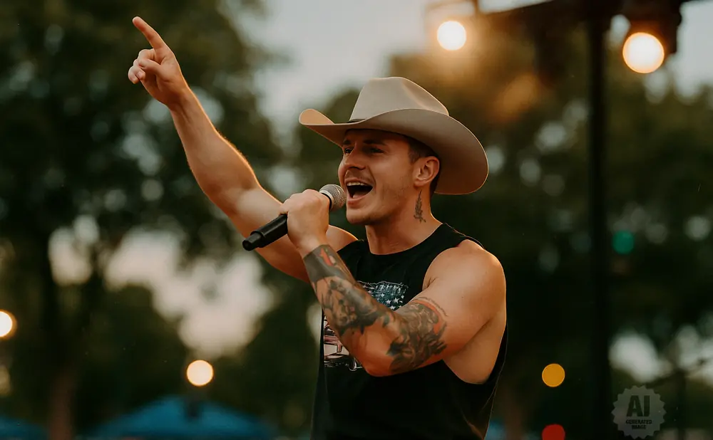 Man in cowboy hat singing into a microphone with arm raised, tattoos visible.