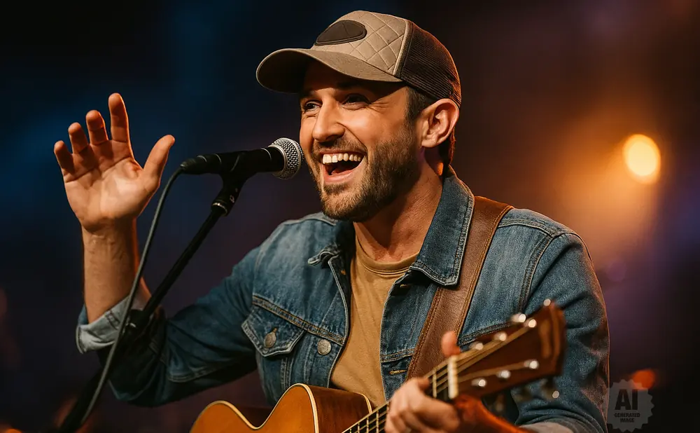 A man in a denim jacket and baseball cap sings into a microphone while playing an acoustic guitar on stage with stage lighting.