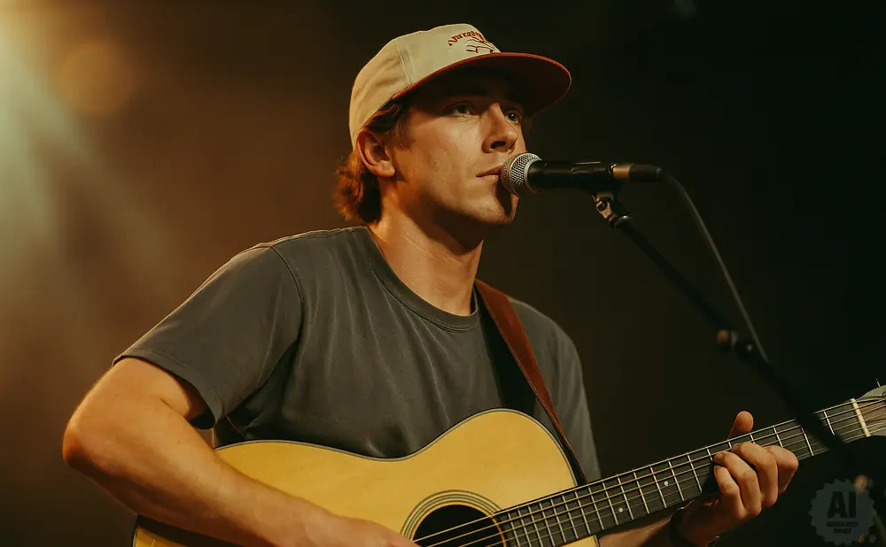 A man wearing a baseball cap plays an acoustic guitar and sings into a microphone.