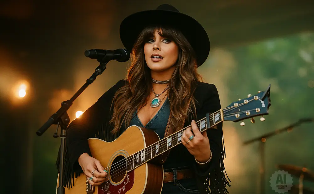 Woman in a black hat and fringed jacket plays an acoustic guitar on stage.