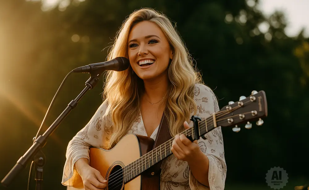 A woman with blonde hair plays an acoustic guitar and sings into a microphone at sunset.