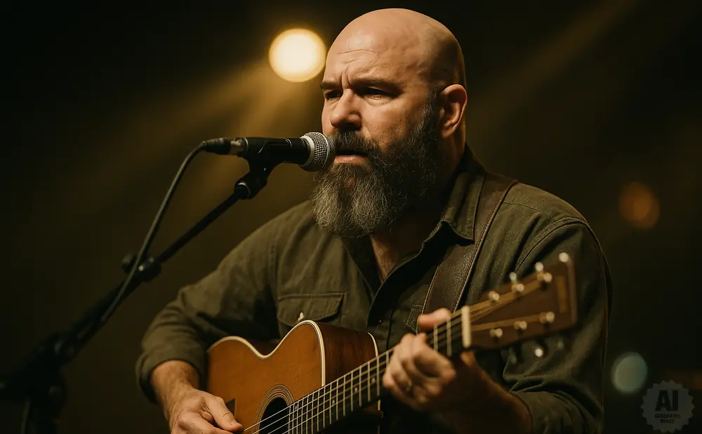 Bald man with a beard playing an acoustic guitar and singing into a microphone.