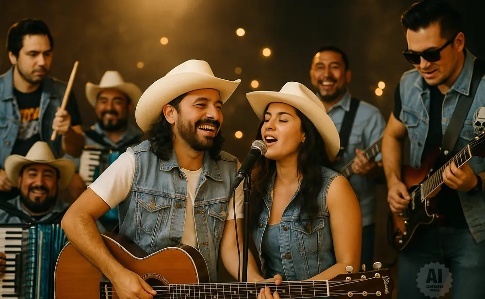 A country band with cowboy hats and denim vests performs, featuring two singers at a microphone and a guitarist.