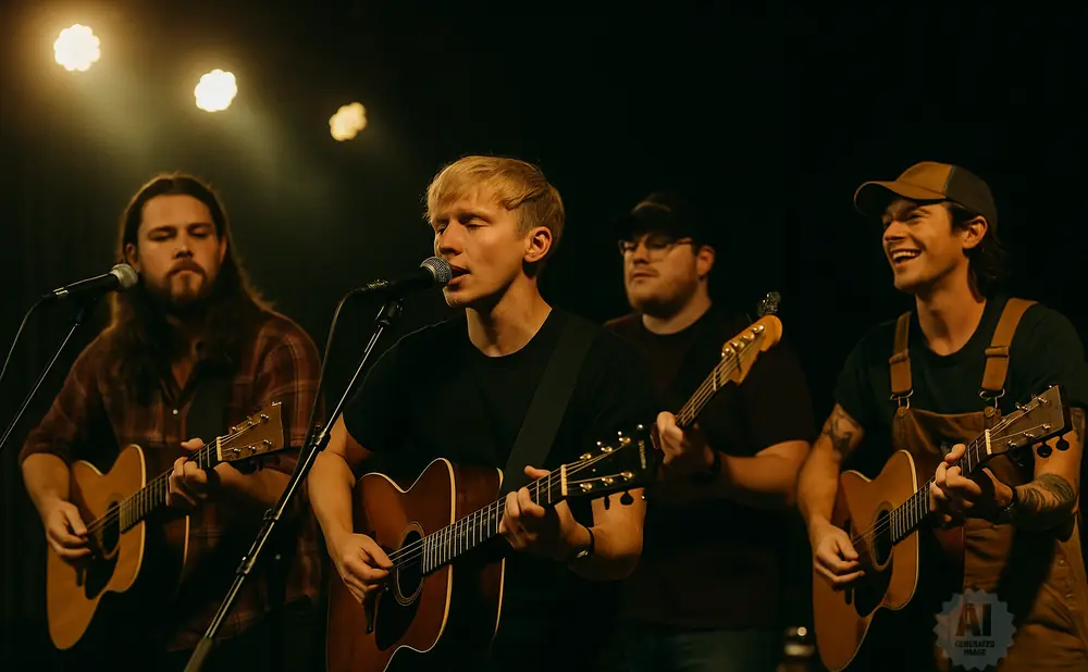 A band of four men playing acoustic guitars and singing on stage under warm lighting.