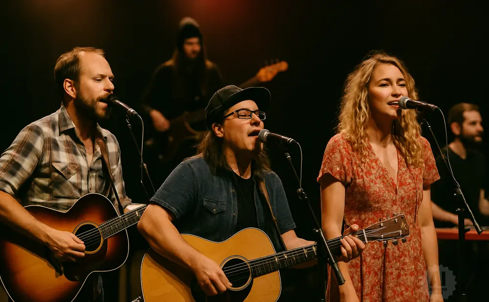 A band performs on stage, with three members in the foreground singing and playing guitars.