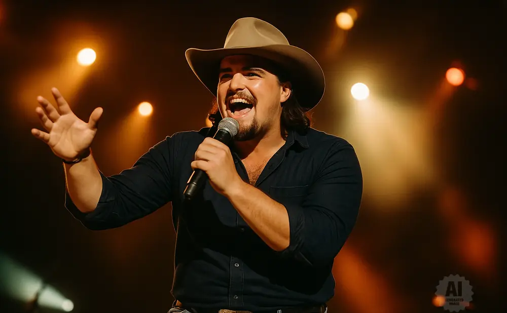A male country singer in a cowboy hat performs on stage, holding a microphone and smiling.