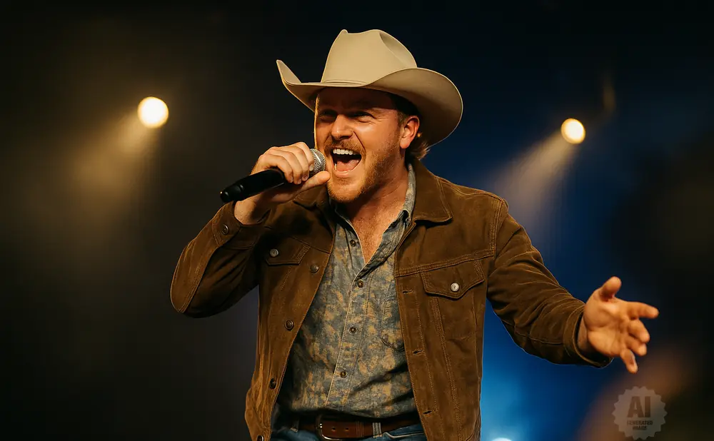 A male country singer in a cowboy hat and brown jacket performs on stage, holding a microphone.