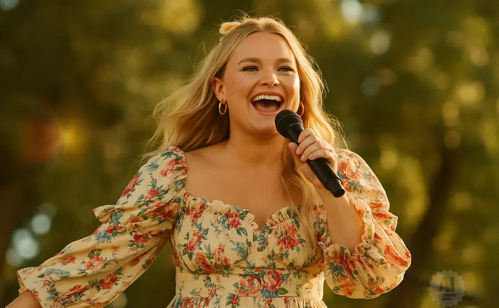A woman in a floral dress sings into a microphone outdoors.