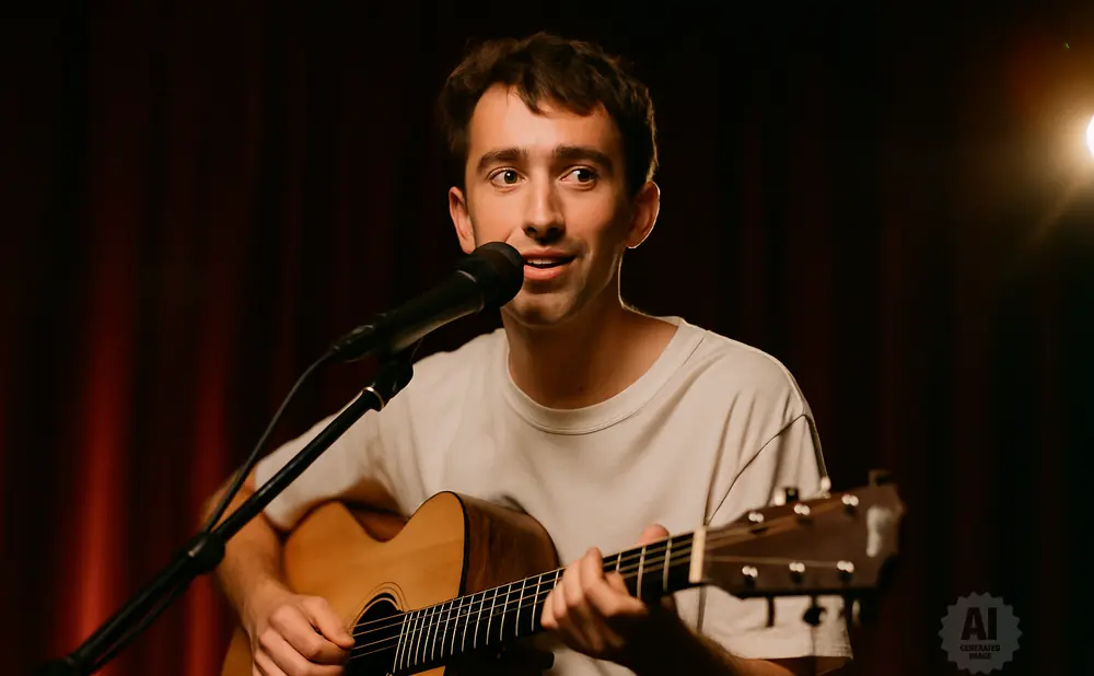 Man singing and playing an acoustic guitar in front of a microphone.