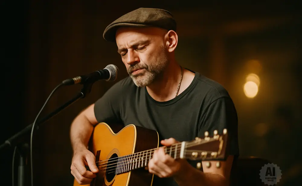 A man wearing a cap plays an acoustic guitar and sings into a microphone in a dimly lit room.