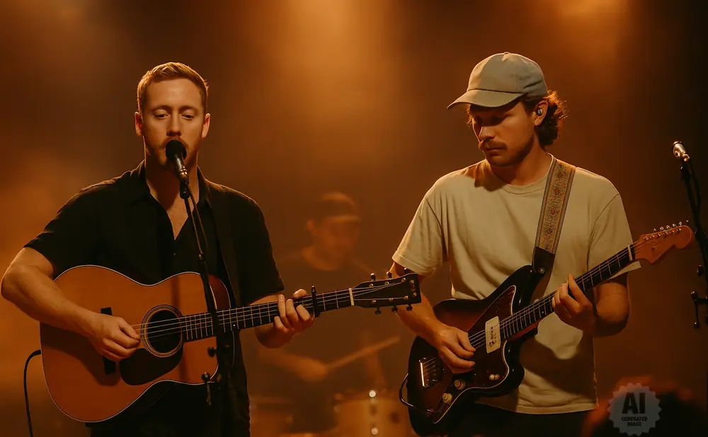 Two men playing guitars on stage, illuminated by warm lighting. The man on the left sings into a microphone.