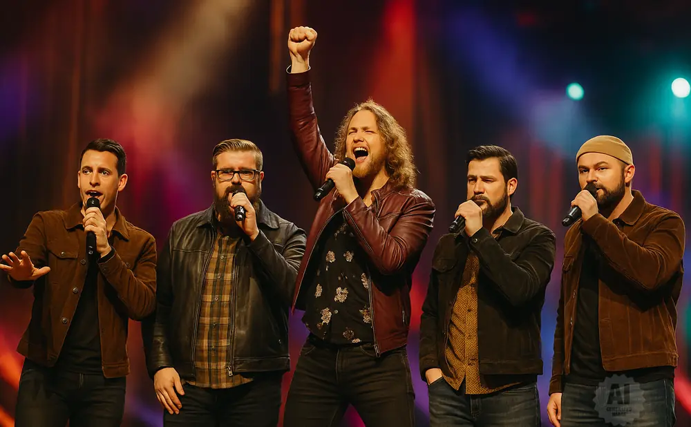 Five men sing into microphones on a stage, one with his fist raised in the air.