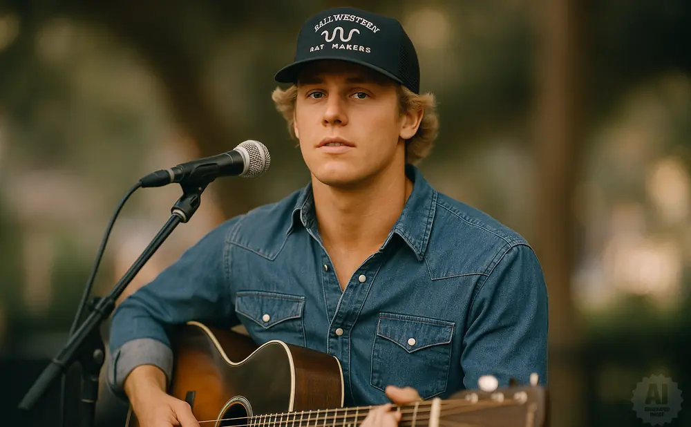 A young man wearing a denim shirt and a baseball cap plays an acoustic guitar into a microphone.