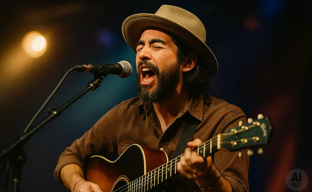 A man in a hat sings into a microphone while playing an acoustic guitar.