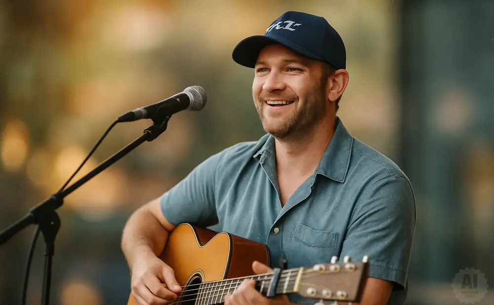 A smiling man in a blue shirt and baseball cap plays an acoustic guitar in front of a microphone.