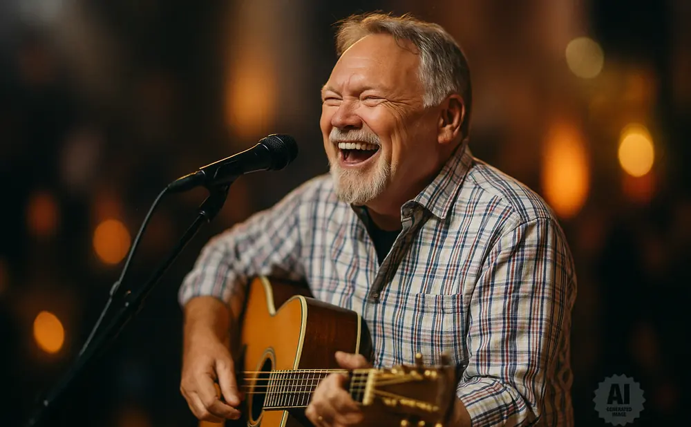 A smiling man with a grey beard plays an acoustic guitar and sings into a microphone.