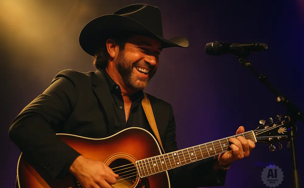 A man in a cowboy hat plays an acoustic guitar and smiles into a microphone on stage.