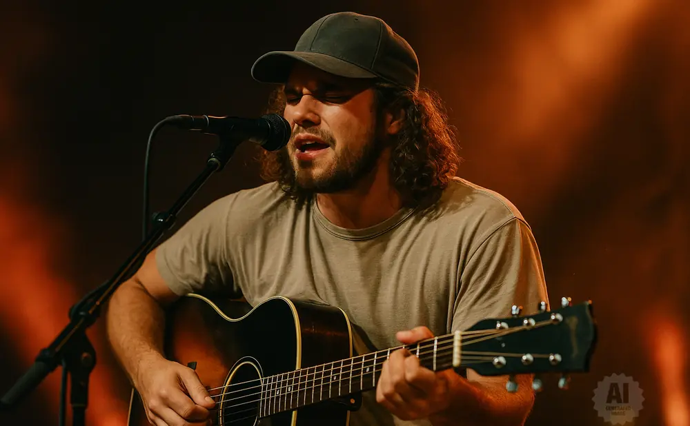 A man with curly hair and a baseball cap plays an acoustic guitar and sings into a microphone.
