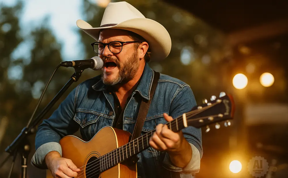 Man in cowboy hat and denim jacket singing and playing guitar outdoors.