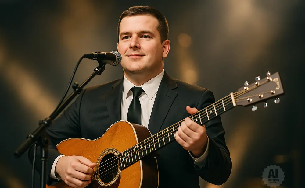 A man in a suit plays an acoustic guitar and sings into a microphone on stage.