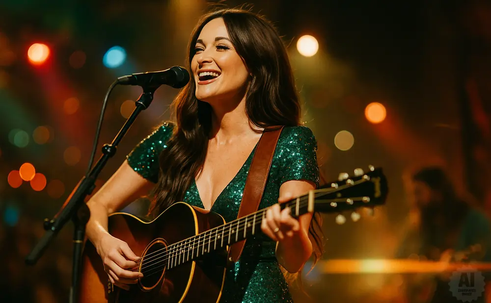 Singer Kacey Musgraves performs live, playing her guitar and singing into a microphone, illuminated by stage lights.