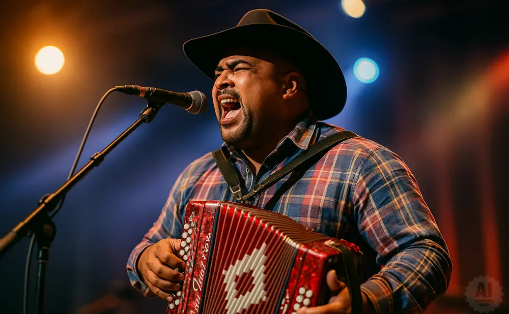 Man in a cowboy hat sings into a microphone while playing a red accordion on stage with colorful lights.