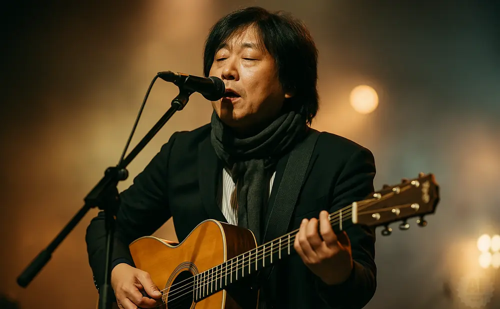 A man with dark hair sings and plays an acoustic guitar on stage, wearing a black suit and scarf.