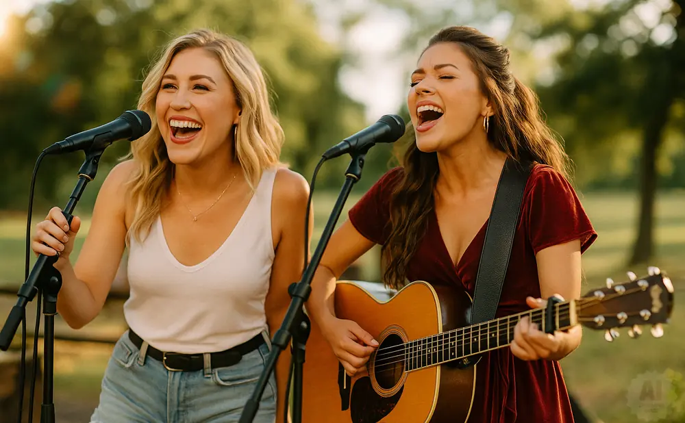 Two women sing into microphones outdoors. One plays an acoustic guitar while wearing a maroon dress, the other sings into a mic in a white tank top and …