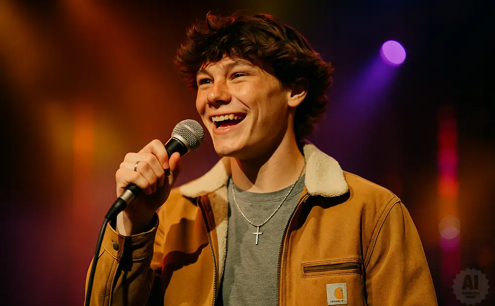 A young man singing into a microphone on stage under warm stage lights.