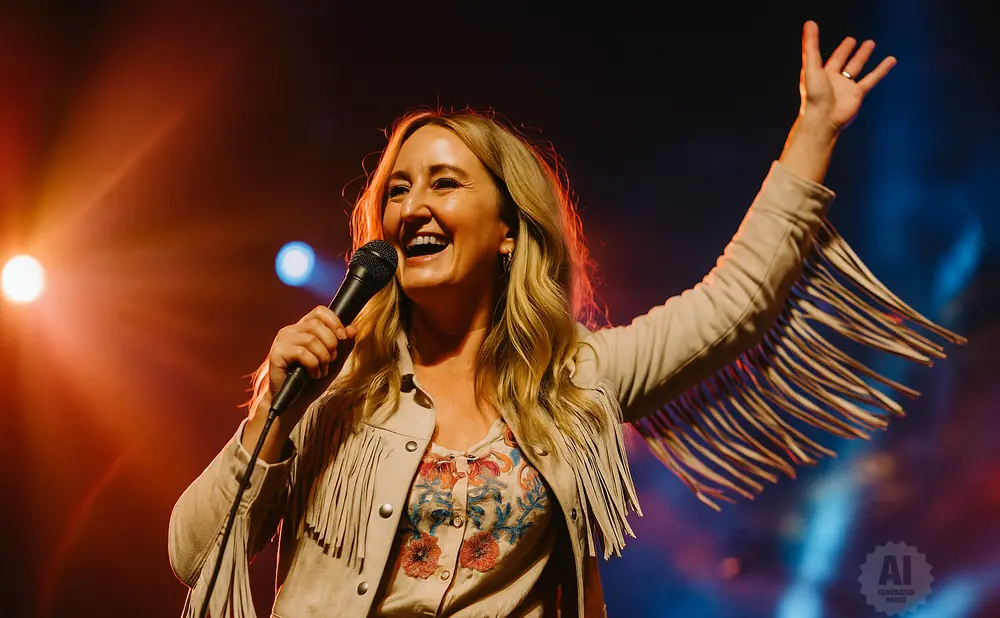 A woman in a fringed jacket sings into a microphone on a stage with colorful lighting.