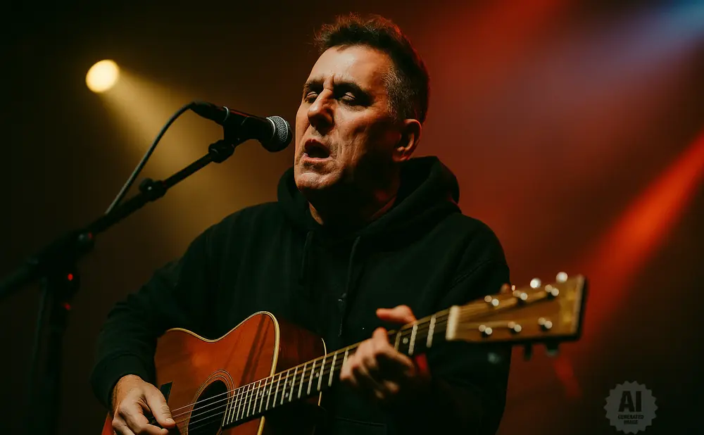 A man in a black hoodie sings into a microphone while playing an acoustic guitar on stage.