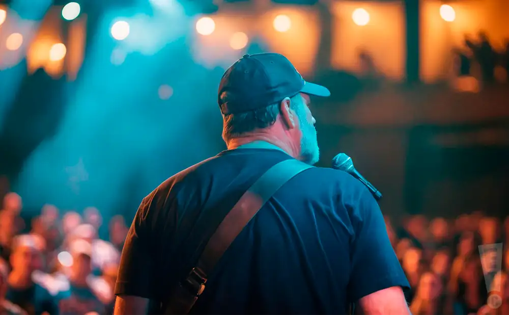 a rear view photo of mike rogers performing a concert on stage to a lively audience