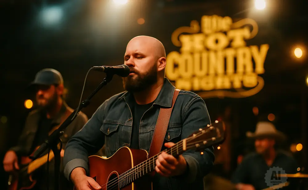 Bald man with beard sings and plays guitar on stage, with other musicians in the background.
