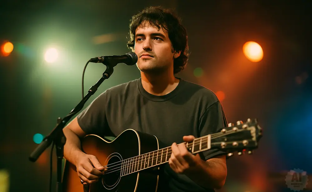 A man with dark curly hair plays an acoustic guitar and sings into a microphone on a dimly lit stage.