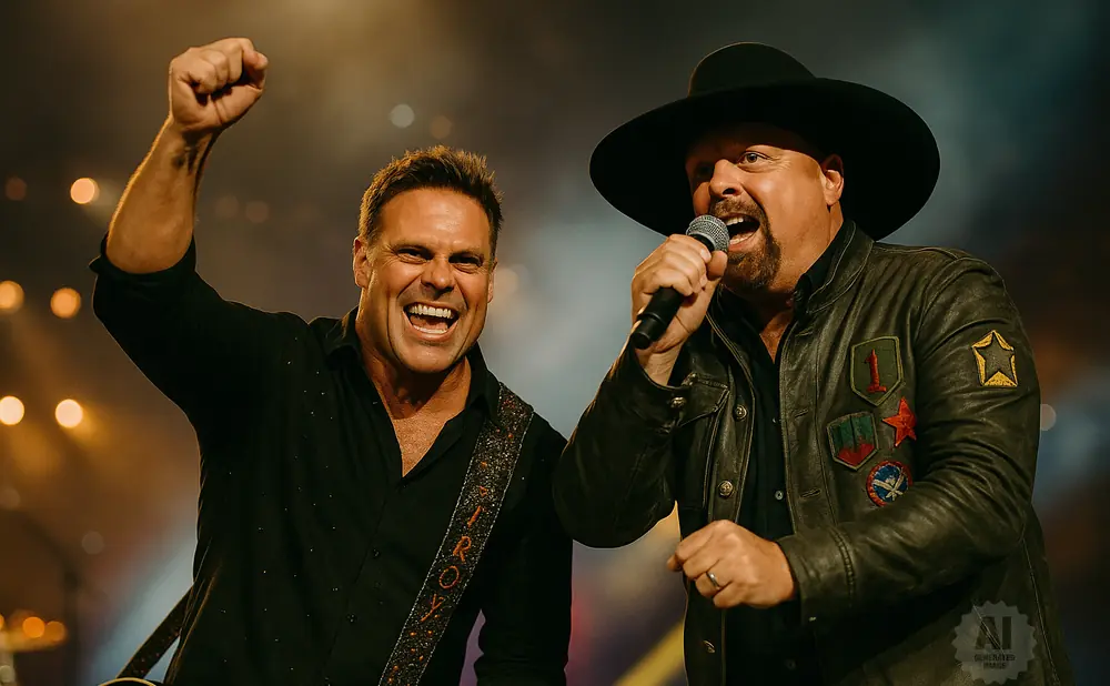 Two men rock out on stage, one singing with a microphone, the other playing a guitar and raising a fist.