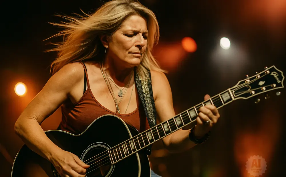 Woman playing an acoustic guitar with her eyes closed and hair blowing in the wind.