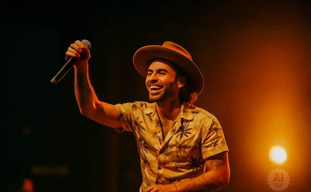 A man in a hat and floral shirt sings into a microphone on a stage with warm lighting.