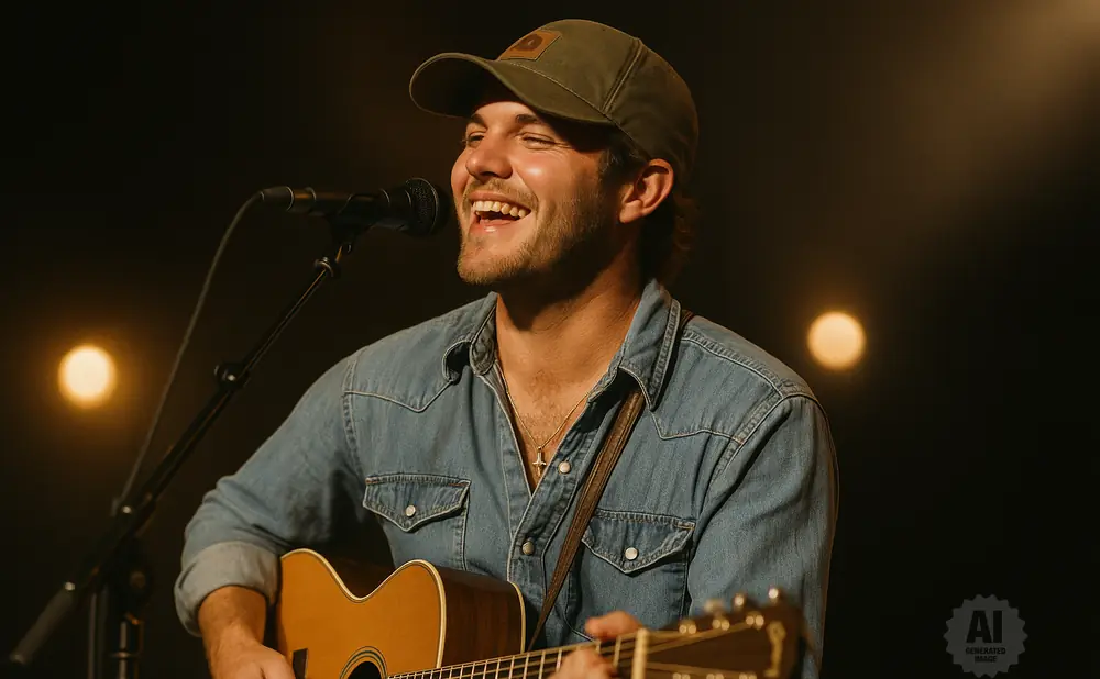 Man in a denim shirt and baseball cap playing an acoustic guitar and singing into a microphone.