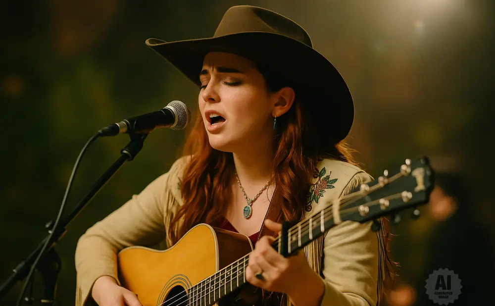 A woman in a cowboy hat sings into a microphone while playing an acoustic guitar.