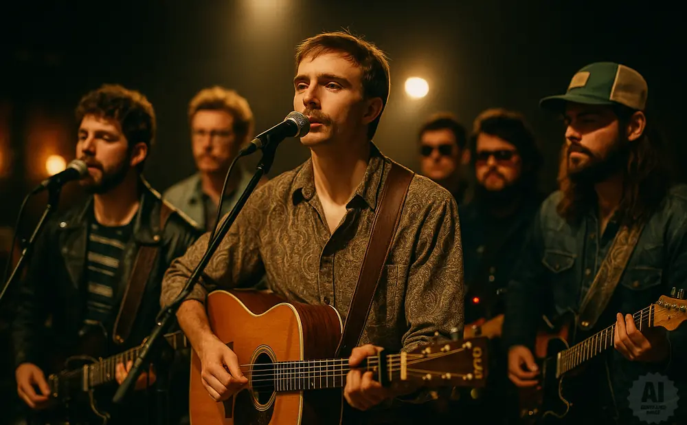 A band performs on stage with one person singing and playing guitar, while others play instruments.