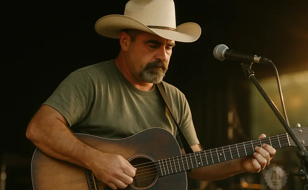 Man in a cowboy hat plays an acoustic guitar into a microphone on stage.