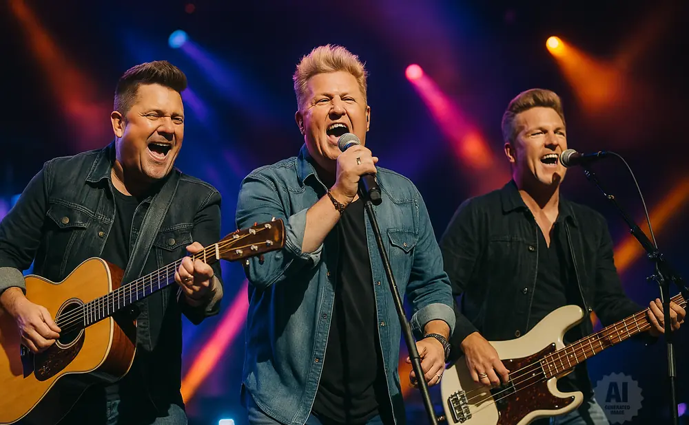 Three men on stage singing and playing instruments under colorful stage lights.