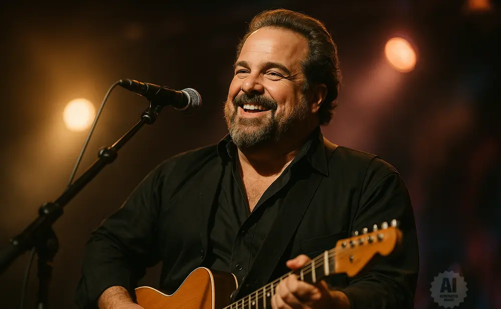 A smiling man plays an acoustic guitar on stage, illuminated by warm stage lights.